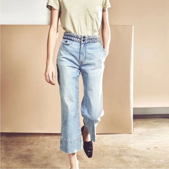 Current/Elliott Braided High Waist Cropped Camp Jeans in Light Blue Wash Size 27 - Picture 2 of 12